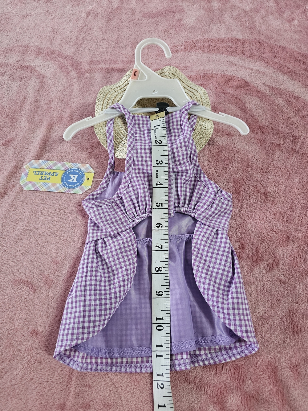 Kj Brand Lavender Gingham Embroidered Dog Sundress with Straw Hat "XS" - Picture 7 of 8